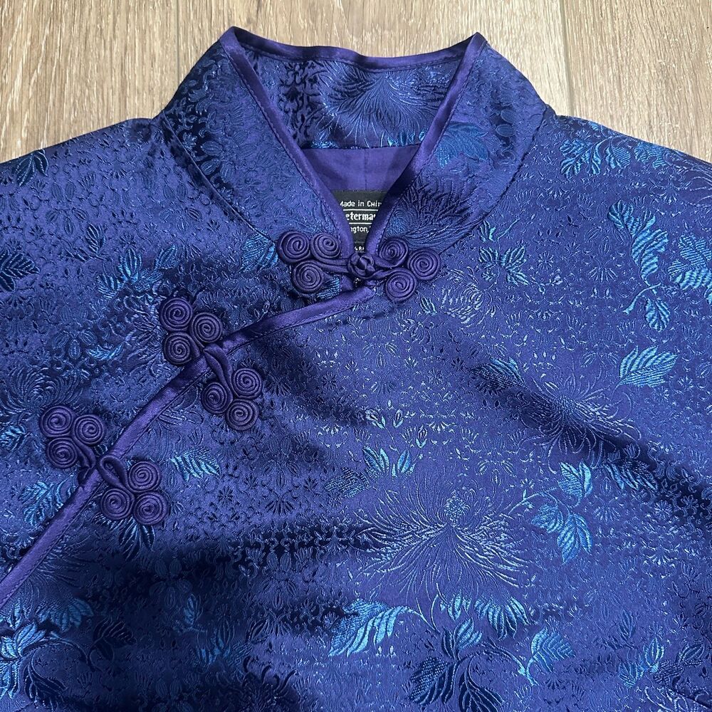 Vintage Blue Silk Jacquard Cheongsam Mandarin Collar Qipao Dress Size 6